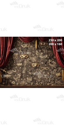 Tło karnawałowe teatralne z czerwonymi kotarami i złotymi maskami | K_190